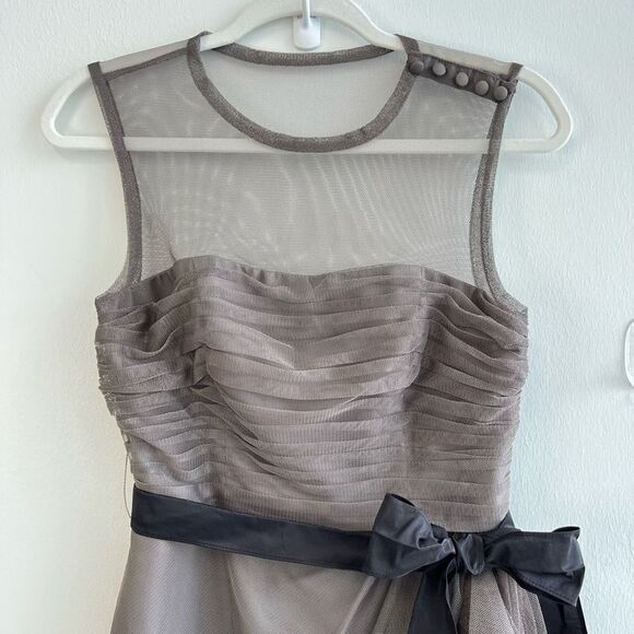 White by Vera Wang Gray Sheer Mini Bridesmaid Dress Illusion Neckline Belted 2 - Picture 4 of 14